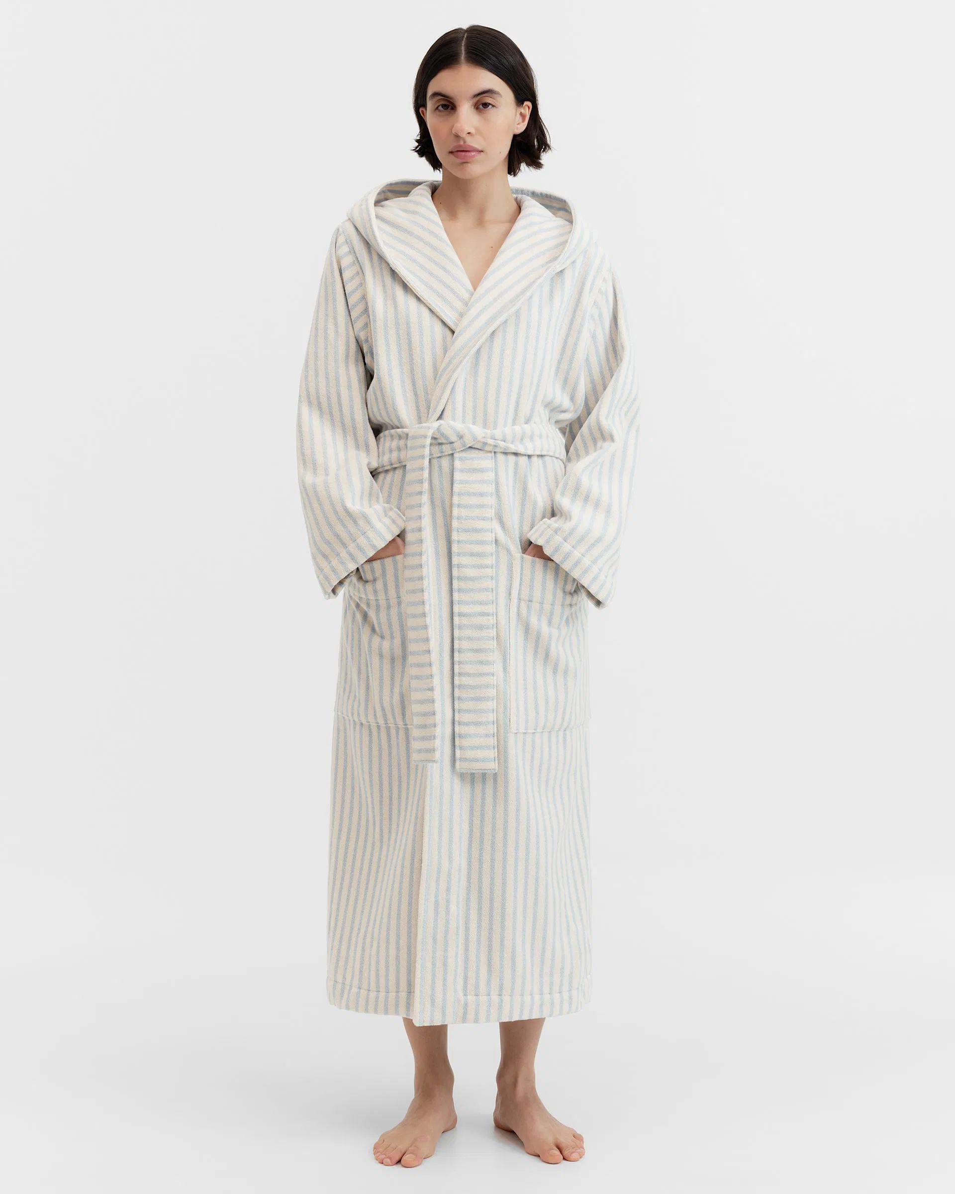 Tekla Fabrics Hooded Bathrobe - Striped - Soft Blue Stripes