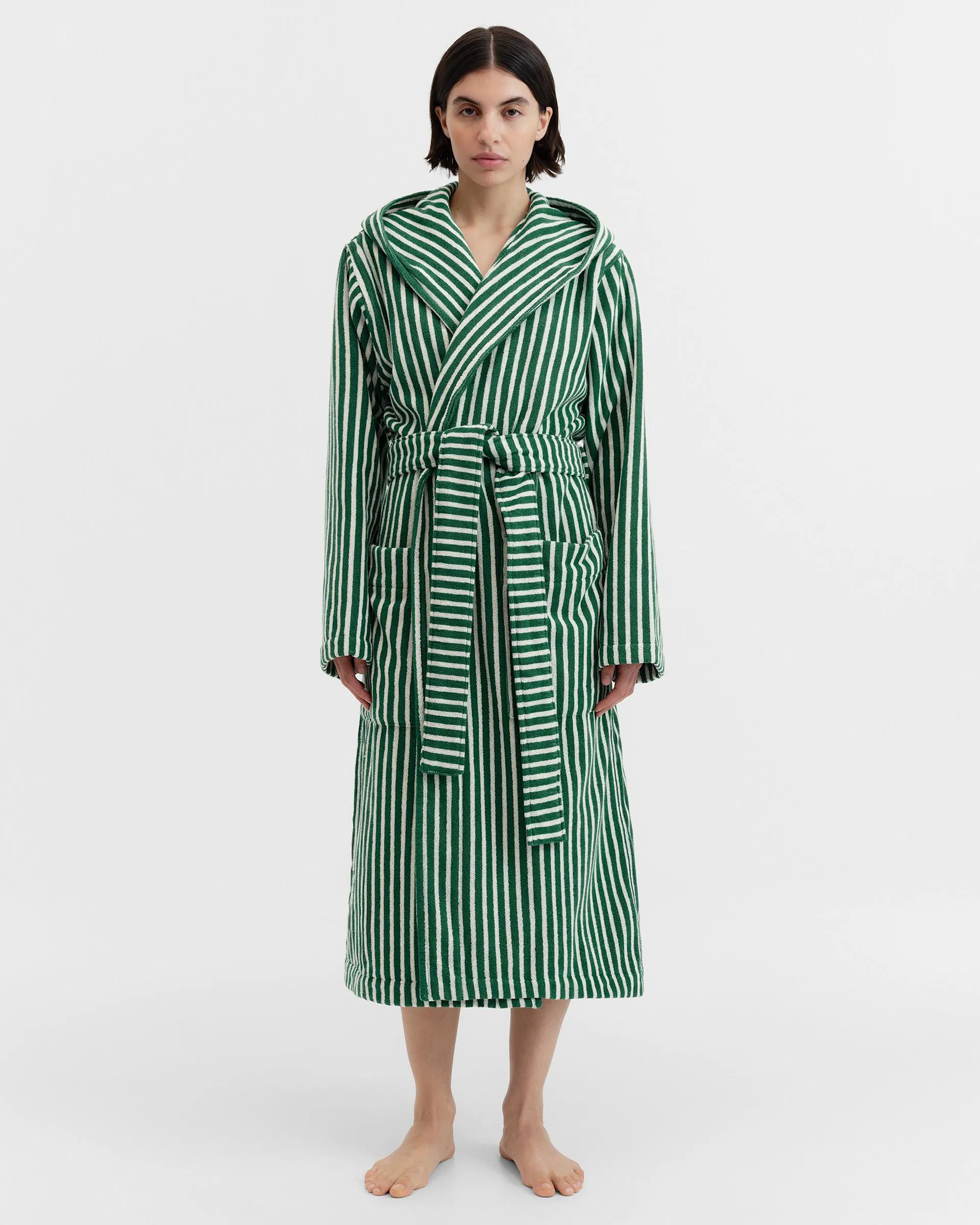 Tekla Fabrics Hooded Bathrobe - Striped - Teal Green Stripes