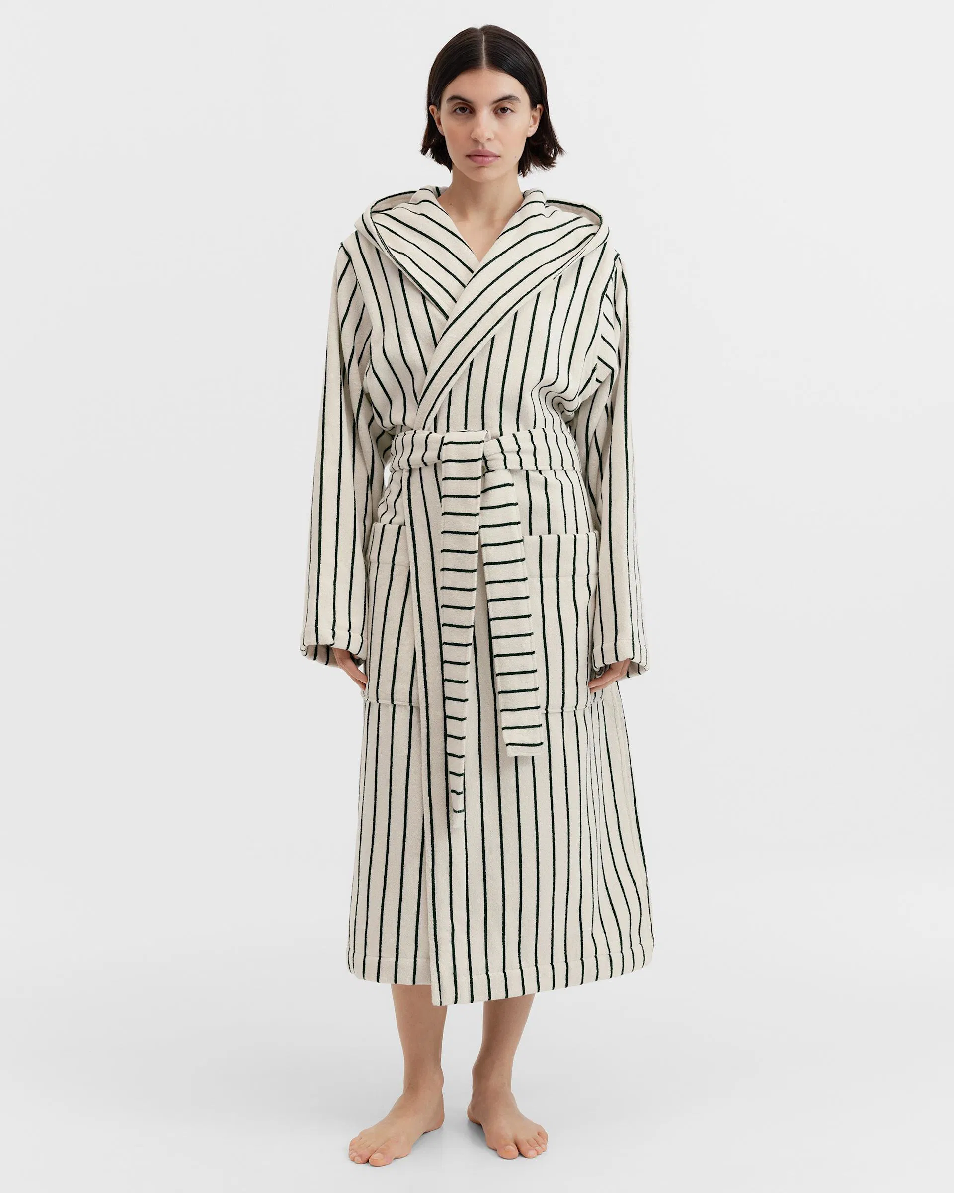 Tekla Fabrics Hooded bathrobe – striped – Racing Green Stripes