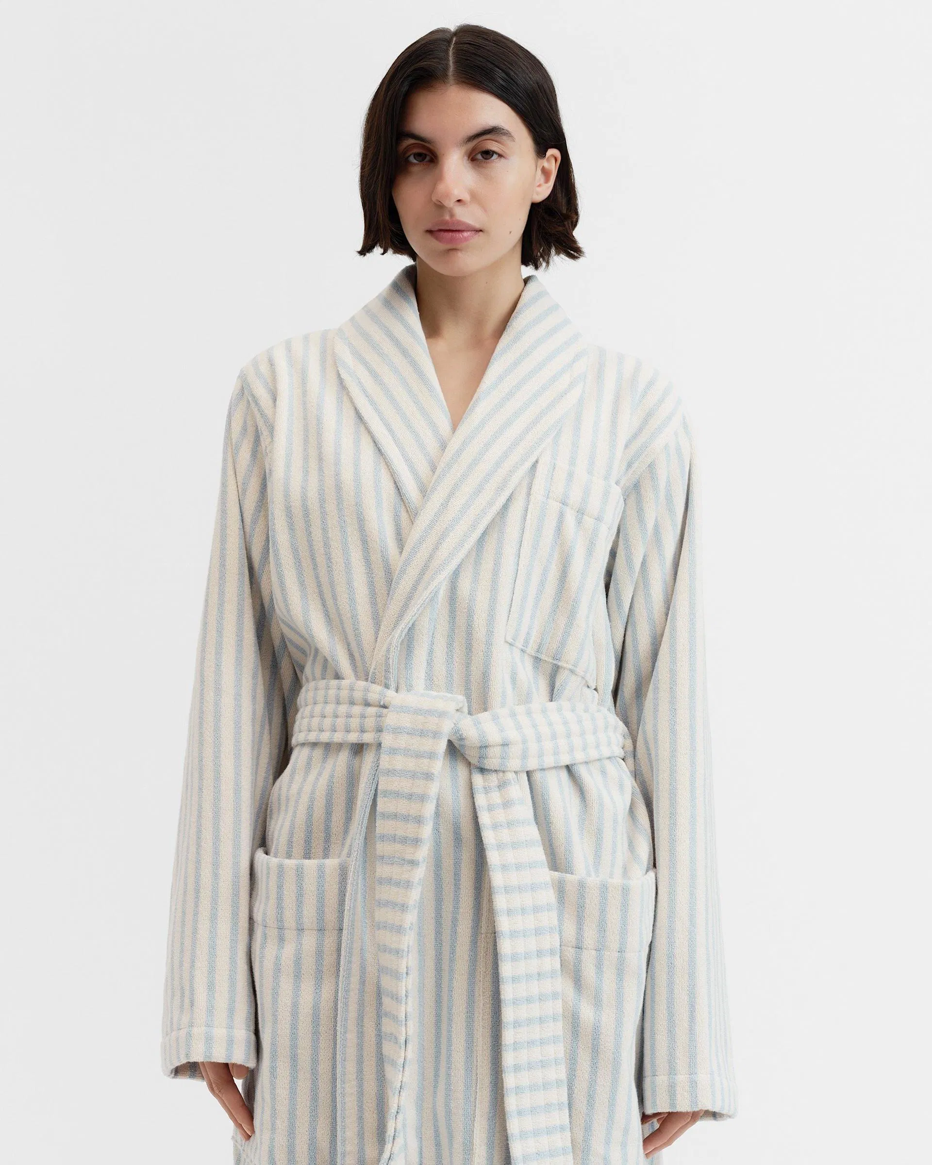 Tekla Fabrics Classic Bathrobe - Striped - Soft Blue Stripes